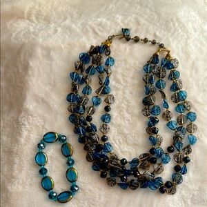 Elegant Blue and Black Beaded vintage costume Necklace and bracelet